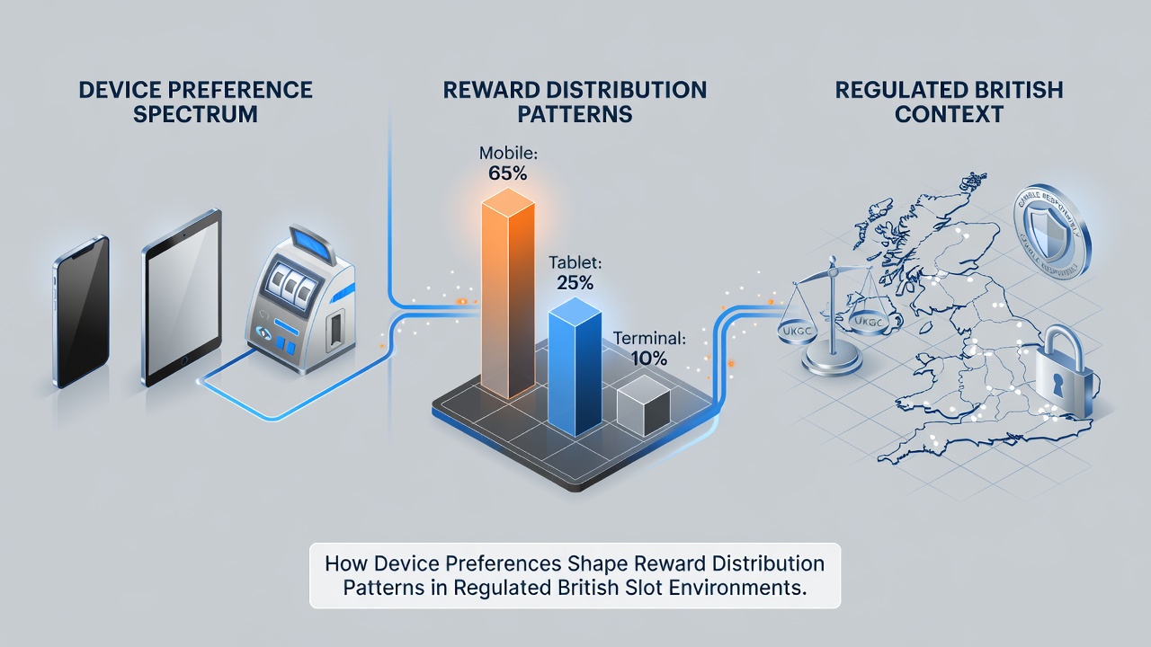 Analytics dashboard showing reward distribution across mobile, desktop, and tablet devices in slot environments
