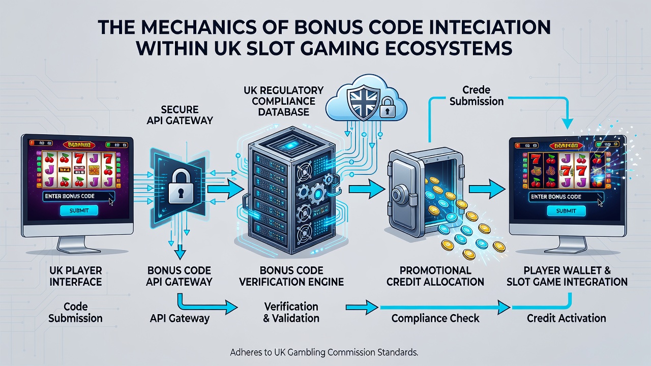 Flowchart of backend systems connecting bonus validation to RNG servers and player wallets in slot platforms