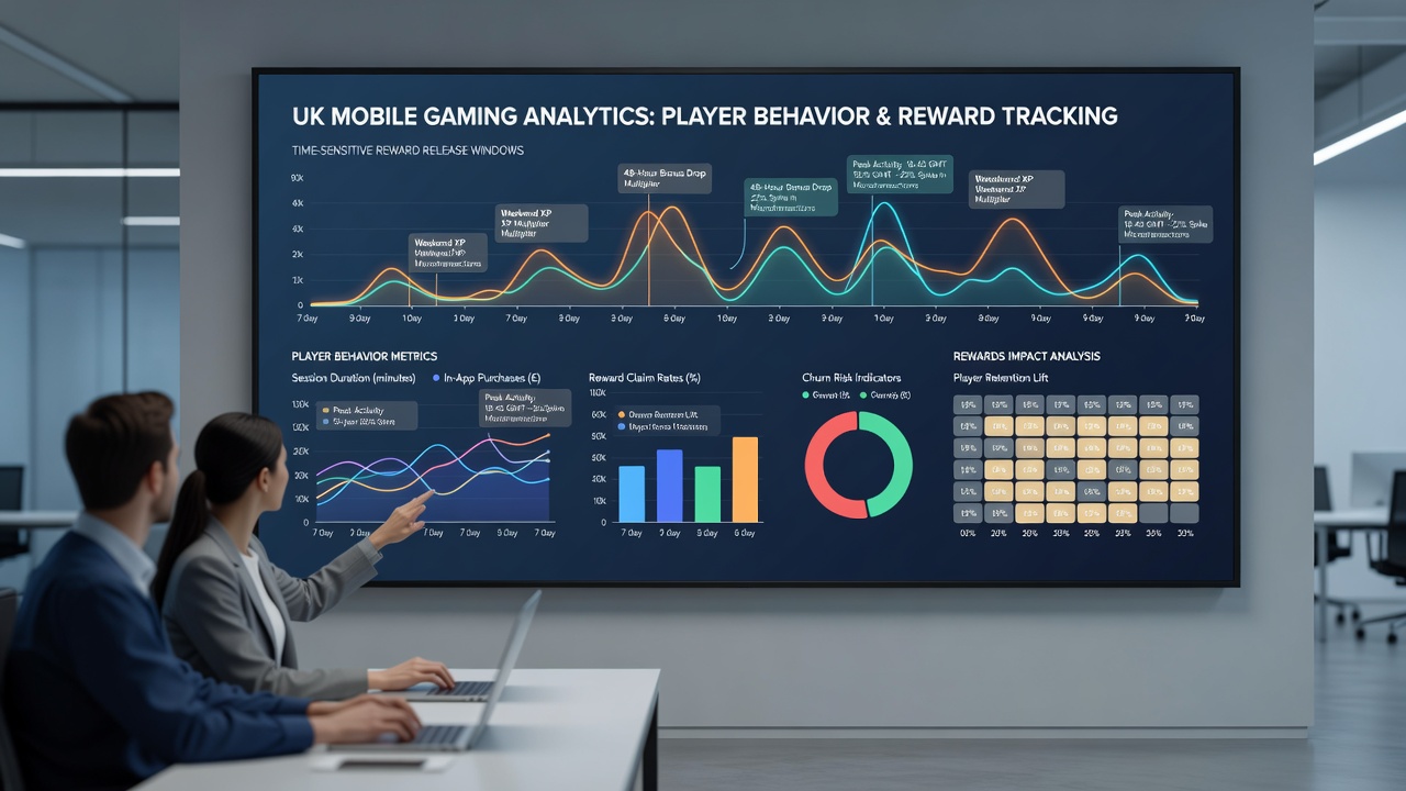 Mobile gaming interface highlighting time-limited reward notifications and session analytics overlays